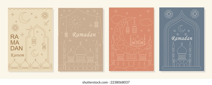 Ramadan Kareem set. Collection of stylish and minimalistic posters or banners for website. Religion and culture, Islam, traditions. Cartoon flat vector illustrations isolated on beige background