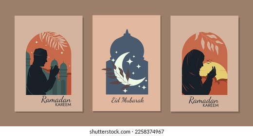 Ramadan Kareem Set Deckenplakat oder Einladung flaches Design der islamischen Laterne, Stern und Mond mit Sonnenaufgang Hintergrund. Vektorgrafik.