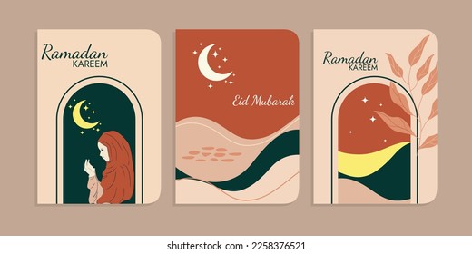 Ramadan Kareem Set Deckenplakat oder Einladung flaches Design von Frau in Hijab, Islamlaterne, Stern und Mond auf nächtlichem Hintergrund. Vektorgrafik.