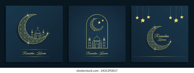 Ramadan kareem set. Islamic background. Ramadan islamic holiday invitations templates with gold crescent moon. Luxury design. Vector illustration.