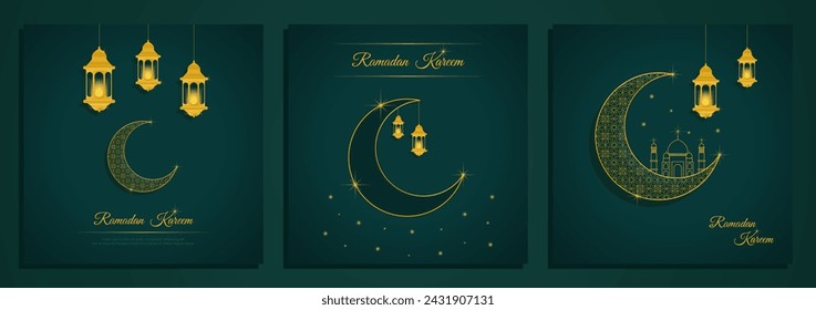Ramadan Kareem gesetzt. Islamischer Hintergrund. Ramadan Islamische Feiertagseinladungen Vorlagen mit goldenem Halbmond. Luxuriöses Design. Vektorgrafik.