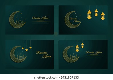 Ramadan Kareem gesetzt. Islamischer Hintergrund. Ramadan Islamische Feiertagseinladungen Vorlagen mit goldenem Halbmond. Luxuriöses Design. Vektorgrafik.