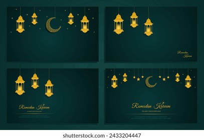 Ramadan kareem set. Islamic background. Ramadan islamic holiday invitations templates with gold crescent moon. Luxury design. Vector illustration.