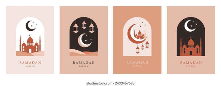  Ramadan kareem set. Islamic background. Ramadan islamic holiday invitations templates with gold crescent moon. Vector illustration.