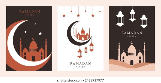 Ramadan kareem set. Islamic background. Ramadan islamic holiday invitations templates with gold crescent moon. Vector illustration.