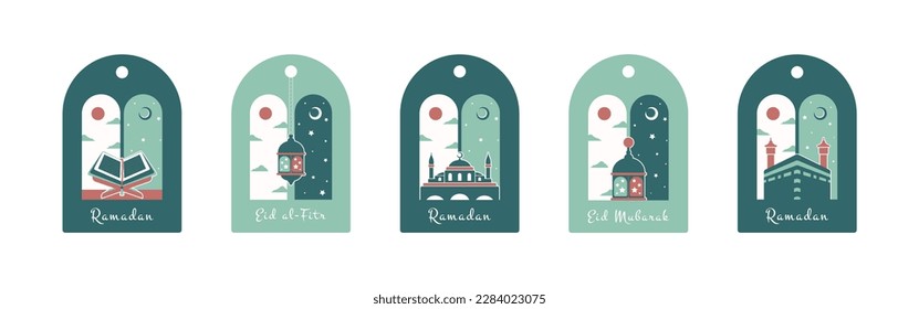 Ramadan Kareem. Set islamischer Geschenkanhänger mit Kaaba, Koran, Laterne, Moschee. Vektorgrafik von Feiertagen in grünen Farben.