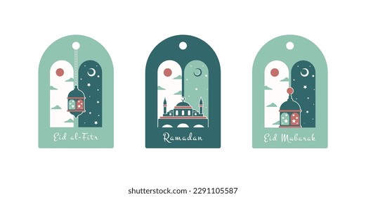 Ramadan Kareem. Set of Islamic gift tags with lanterns and muslim mosque. Vector holiday illustration in green colors.