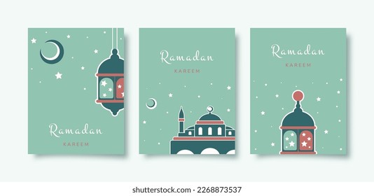Ramadan Kareem. Juego de tarjetas de felicitación islámicas con linterna, mezquita. Ilustración vectorial en colores verdes para tarjeta de saludo, afiche y banner.