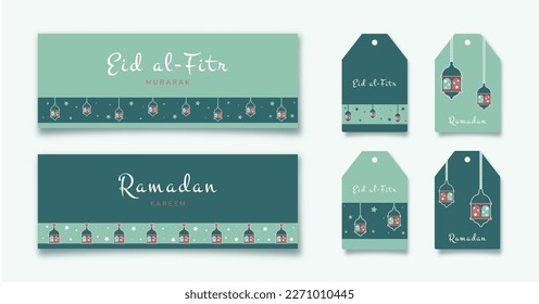 Ramadan Kareem. Set of Islamic greeting card and gift tags with arabic lantern. Vector holiday illustration in green colors for your holliday design.