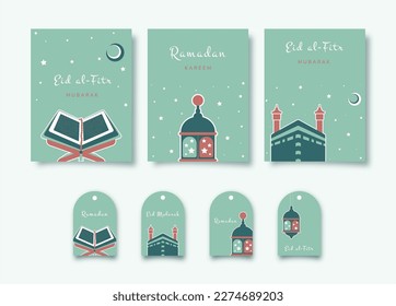 Ramadan Kareem. Juego de tarjetas de felicitación islámicas y etiquetas de regalo con Kaaba, Quran, linterna árabe. Ilustración vectorial de vacaciones en colores verdes para su diseño holliday.