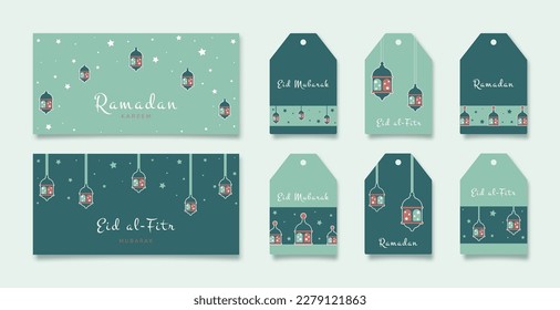 Ramadan Kareem. Juego de tarjetas de felicitación islámicas y etiquetas de regalo con linterna árabe. Ilustración vectorial de vacaciones en colores verdes para su diseño holliday.