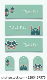 Ramadan Kareem. Set of Islamic greeting card and gift tags with Kaaba, lantern, Quran. Vector holiday illustration in green colors.