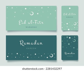 Ramadan Kareem. Set von islamischen Grußkarten und Geschenkanhänger mit Mond und Sternen. Vektorgrafik in grünen Farben für Ihr Urlaubsdesign.