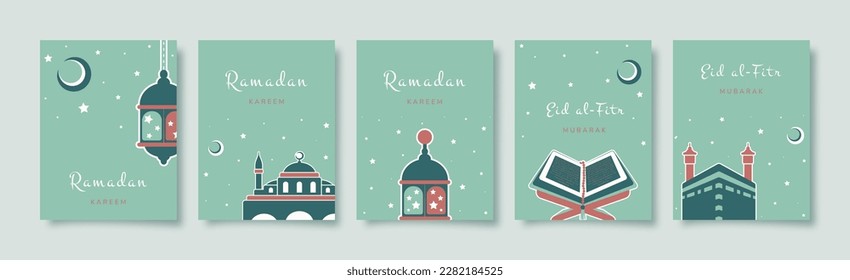 Ramadan Kareem. Set of Islamic greeting card with Kaaba, Quran, mosque, lantern. Vector holiday illustration in green colors for greeting card, poster and banner.