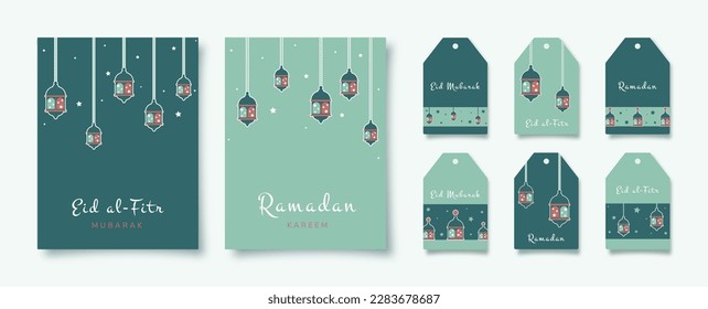 Ramadan Kareem. Set von islamischen Grußkarten und Geschenkanhänger mit arabischer Laterne. Vektorgrafik in grünen Farben für Ihr Urlaubsdesign.