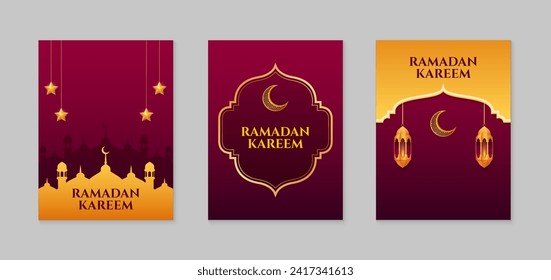 Ramadan Kareem. Conjunto de plantillas de tarjetas de felicitación islámicas de Ramadán con luna creciente dorada, estrellas y mezquita. Ilustración vectorial.