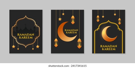 Ramadan Kareem. Set of Islamic Ramadan greeting card templates with golden crescent moon, stars and mosque. Vector illustration.