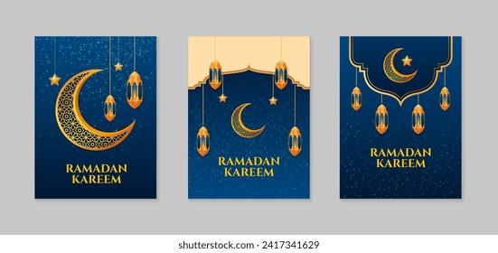 Ramadan Kareem. Set of Islamic Ramadan greeting card templates with golden crescent moon, stars and mosque. Vector illustration.