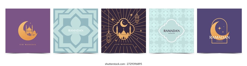 Ramadán Kareem conjunto con luna creciente, mezquita, faroles, arcos, adornos islámicos. Plantilla de diseño de lujo para cartel, tarjeta de felicitación, cubierta de vacaciones, invitación. Ilustración vectorial