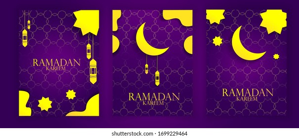 ramadan kareem set poster or invitation design with golden shape of islamic lantern, stars, and moon with purple and gold pattern background
