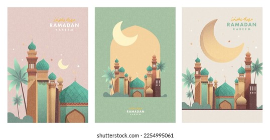 Ramadan Kareem Set of posters, cards, holiday covers. Arabic text translation Ramadan Kareem. Modern beautiful design in pastel colors with mosque, moon crescent, stars in the sky, arches window - Shutterstock ID 2254995061