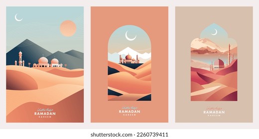 Ramadan Kareem Set of posters, cards, holiday covers. Arabic text translation Ramadan Kareem. Modern beautiful design in pastel colors with mosque, moon crescent, dune sands, mountains, arches windows svg