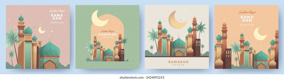 Ramadan Kareem Set of posters, cards, holiday covers. Arabic text translation Ramadan Kareem. Modern beautiful design in pastel colors with mosque, moon crescent, stars in the sky, arches window svg