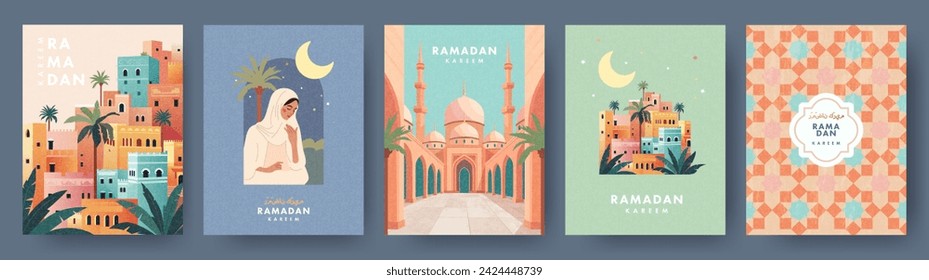 Ramadan Kareem Set of posters, cards, holiday covers. Arabic text mean Ramadan Kareem. Modern design in pastel colors with pattern, mosque, old city, moon and stars, beautiful woman at the arch window svg
