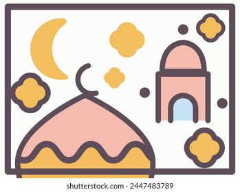 Ramadan Kareem Set of posters, cards, holiday covers. Arabic text mean Ramadan Kareem. Modern design in pastel colors with pattern, mosque, old city, moon and stars, beautiful woman at pink