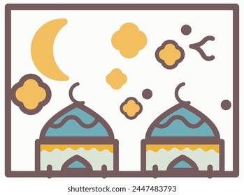 Ramadan Kareem Conjunto de afiches, tarjetas, cubiertas de vacaciones. Texto en árabe significa Ramadan Kareem. Diseño moderno en colores pastel con patrón, mezquita, ciudad vieja, luna y estrellas, mujer hermosa en la luna