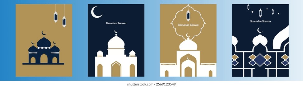 Ramadan Kareem Set of posters, cards, holiday covers. Modern design in pastel colors with pattern, mosque, lanterns, and moon. vector illustration