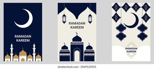 Ramadan Kareem Set of posters, cards, holiday covers. Modern design in pastel colors with pattern, mosque, lanterns, and moon. vector illustration