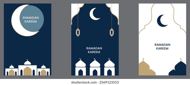 Ramadan Kareem Set of posters, cards, holiday covers. Modern design in pastel colors with pattern, mosque, lanterns, and moon. vector illustration