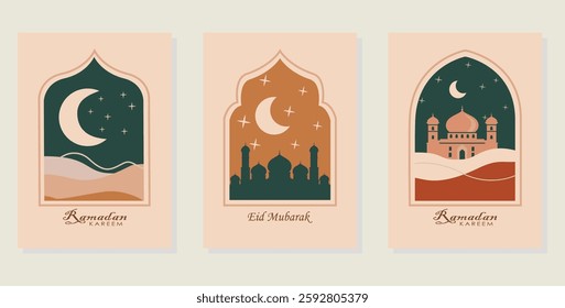 Ramadan Kareem Set of posters, cards, holiday covers. Islamic minimalist modern design templates. Vector illustration