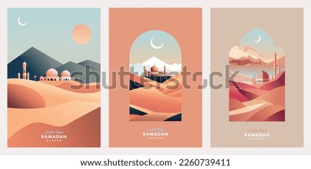 Ramadan Kareem Set of posters, cards, holiday covers. Arabic text translation Ramadan Kareem. Modern beautiful design in pastel colors with mosque, moon crescent, dune sands, mountains, arches windows