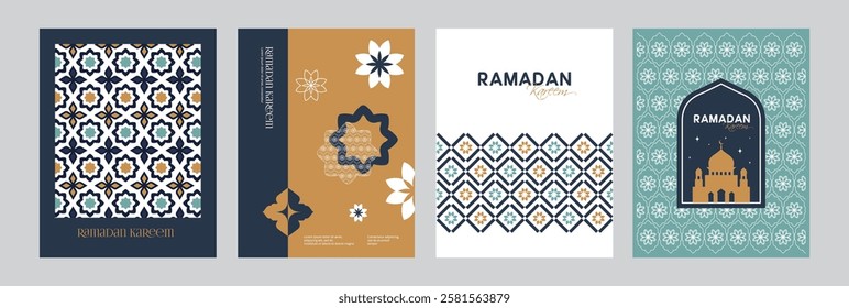 Ramadan Kareem. Set of posters, greeting cards and  holiday covers. Stylish modern design in soft pastel tones, with pattern, a mosque, a crescent moon and stars.