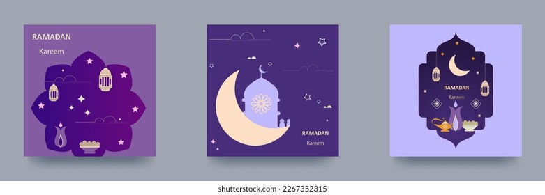 Ramadan Kareem Set of posters, holiday covers, flyers. Modern design in pastel colors with a mosque, crescent moon, traditional patterns, arched windows. Vector illustration