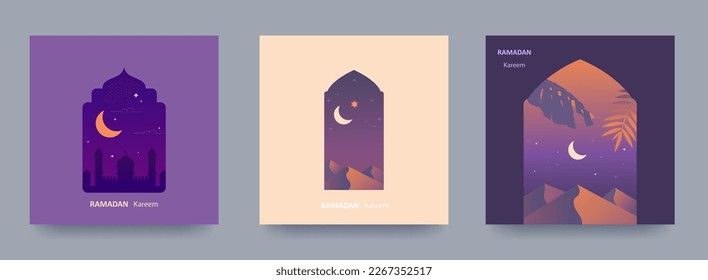 Ramadan Kareem Set of posters, holiday covers, flyers. Modern design in pastel colors with mosque, crescent moon, dune sands, arched windows. Vector illustration svg