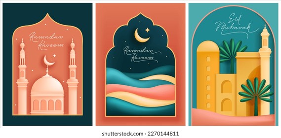 Ramadan Kareem Set of posters, holiday cards, covers. Modern colorful design with mosque, moon crescent, dune sands, palms, mountains, buildings.