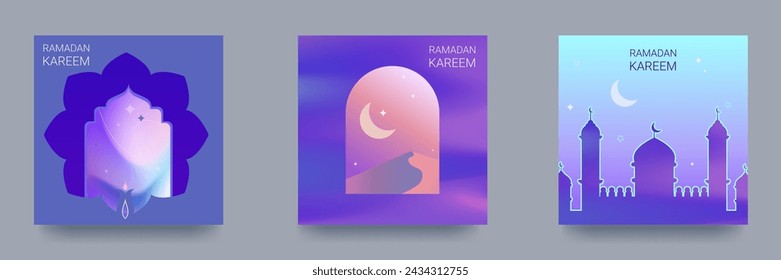 Ramadan Kareem Set of Posters, Holiday Covers, Flyers. Contemporary design in vibrant gradients with mosque, crescent, traditional patterns, arched windows. Vector illustration