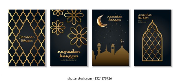 Ramadan Kareem set of posters, invitation design. Vector illustration. Arabic ornaments, stars and golden crescent, on starry background with copy text place