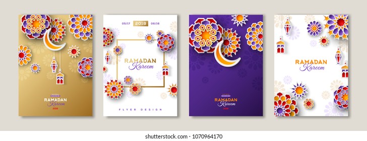 Ramadan Kareem set of posters or invitations design with 3d paper cut islamic lanterns, stars and moon on gold and violet background. Vector illustration. Place for text. 