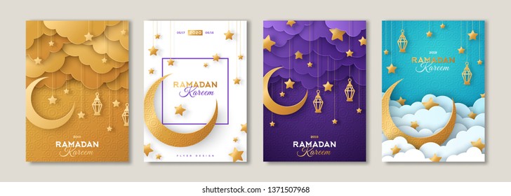 Ramadan Kareem set of posters or invitations design with 3d paper cut islamic lanterns, stars and moon on gold and violet background. Vector illustration. Place for text