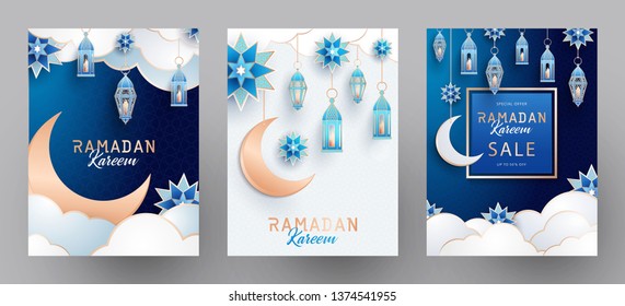 Ramadan Kareem set of posters or invitations design with islamic geometric patterns, arabesque, traditional lanterns, crescent and stars on dark blue night sky and early morning background. 