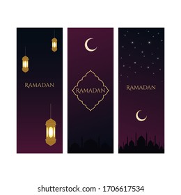 Ramadan Kareem set of posters or invitations design with glowing lanterns, crescent and mosque dome silhouette and shinny stars on dark blue and violet background. Vector illustration. Place for text.