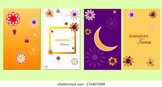 Ramadan Kareem conjunto de afiches o invitaciones diseñan farolillos islámicos, estrellas y luna sobre fondo dorado y violeta. Ilustración vectorial. Colocar texto.