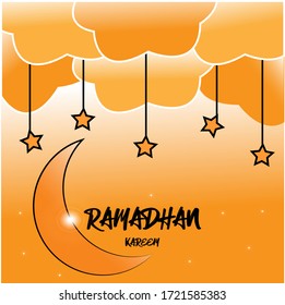 Ramadan Kareem set of posters or invitations design. Stars and moon on orange background. Vector illustration. Congratulations!