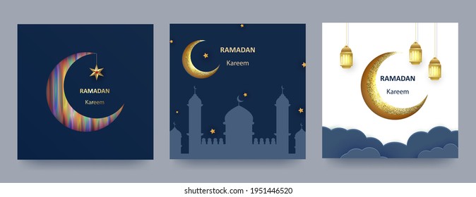 Ramadan Kareem conjunto de afiches o invitaciones con 3d linternas islámicas cortadas en papel, estrellas y luna sobre fondo azul y claro. Ilustración vectorial.