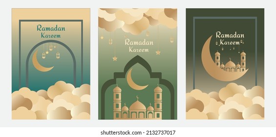 Ramadan Kareem Set von Plakaten oder Einladungen Designs mit islamischen Laternen, Sternen und Mond auf Golden und verschiedenen Farben Hintergrund. Vektorgrafik.