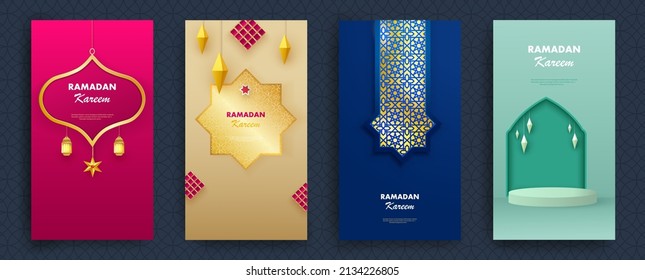 Ramadan Kareem Set aus Plakaten oder Einladungen mit 3D-Papier schneiden islamische Laternen, Sterne und Mond auf blauem und hellem Hintergrund. Vektorgrafik